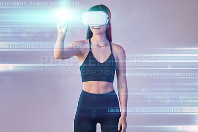 Buy stock photo Cyber light, vr or woman in metaverse on studio background digital gaming on cyber sports for fitness. Smile, hand touch or virtual reality user or girl gamer in futuristic 3d ai scifi experience