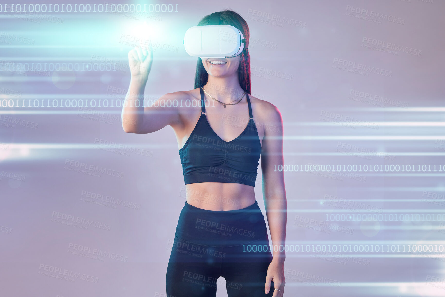 Buy stock photo Cyber light, vr or woman in metaverse on studio background digital gaming on cyber sports for fitness. Smile, hand touch or virtual reality user or girl gamer in futuristic 3d ai scifi experience