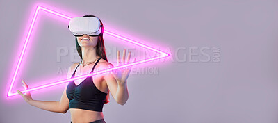 Buy stock photo Hologram, vr or happy woman in metaverse on studio background gaming, cyber on digital overlay. Wow, pink triangle or virtual reality user or fantasy girl gamer in futuristic 3d ai scifi experience