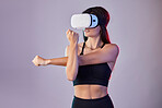 Virtual reality, fitness and woman stretching in metaverse studio isolated on a purple background. 3d exercise, vr and female athlete warm up, workout or training with futuristic headset for esports.