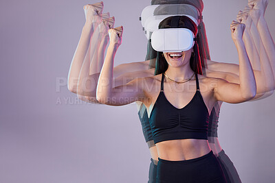 Success, vr winner or happy woman in metaverse on studio background digital gaming on cyber sports. Excited girl, fist or virtual reality user fighting or gamer winning in futuristic 3d ai experience
