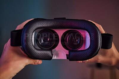 Buy stock photo Virtual reality glasses in hands, metaverse and future technology, video gaming and UX with woman and cyber space. Innovation, digital world and VR headset with AR, software and female gamer