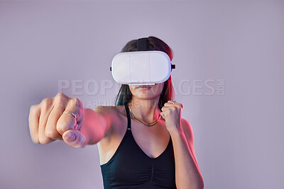 Buy stock photo Vr, fitness and woman boxing in metaverse studio isolated on a purple background mockup. 3d exercise, virtual reality and female fighting or punching with futuristic technology for esports gaming.