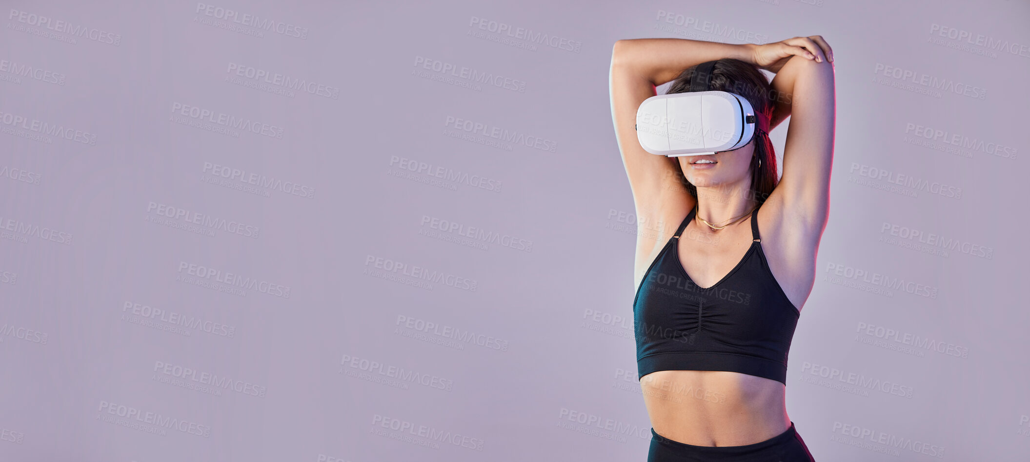 Buy stock photo Vr, fitness and woman stretching arm in metaverse studio isolated on purple background mockup. 3d exercise, virtual reality or female warm up, workout or training with futuristic tech for esports.