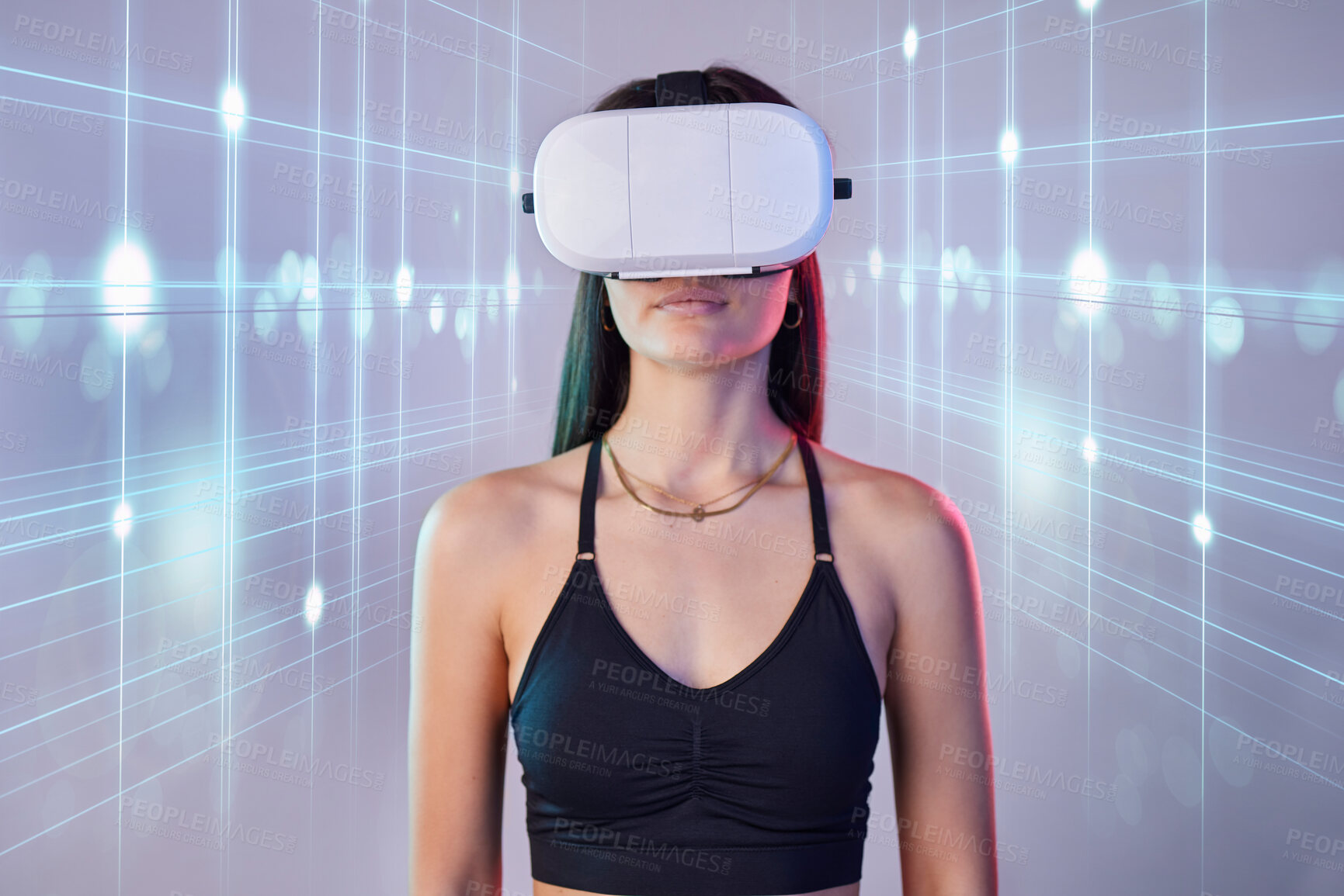 Buy stock photo Woman, virtual reality glasses and hologram with metaverse, futuristic and web technology. Female, lady and games with vr, holographic and esports with ui, headset and futuristic fantasy and graphics