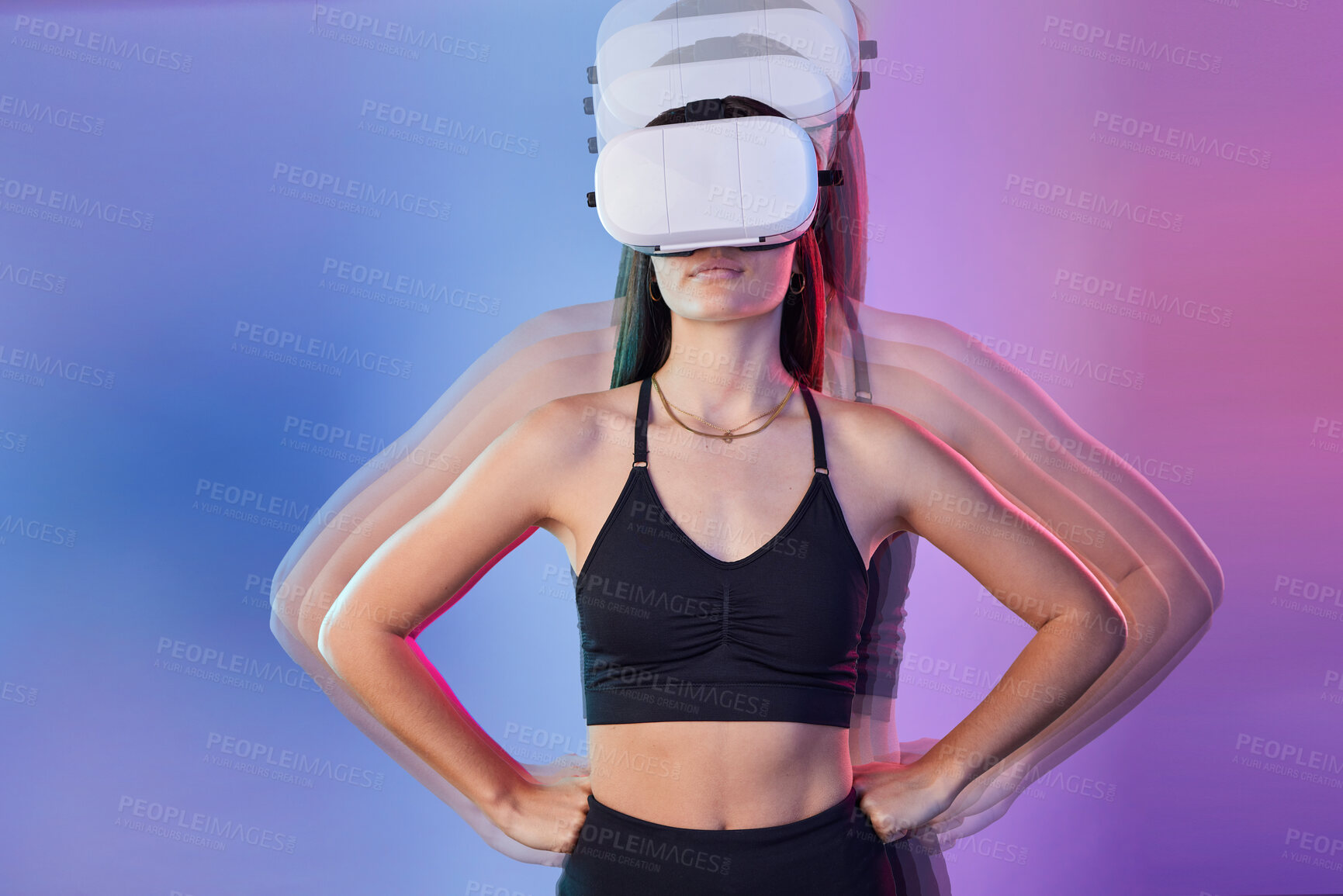 Buy stock photo VR, fitness and woman isolated on studio background metaverse training, exercise or workout power in motion. Virtual reality, high tech and athlete or sports person body in double exposure and neon