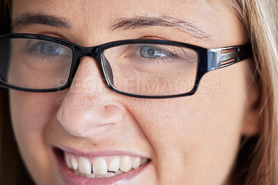 Buy stock photo Glasses, vision or face of a happy woman customer shopping for a new frame in an optometry store. Retail, fashion and excited young girl consumer buying prescription eyewear or lenses at the optician