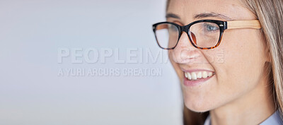 Buy stock photo Mockup, business and woman with glasses, vision and advertising against a grey studio background. Female employee, lady and manager with eyewear, happiness and confidence with clear sight and smile