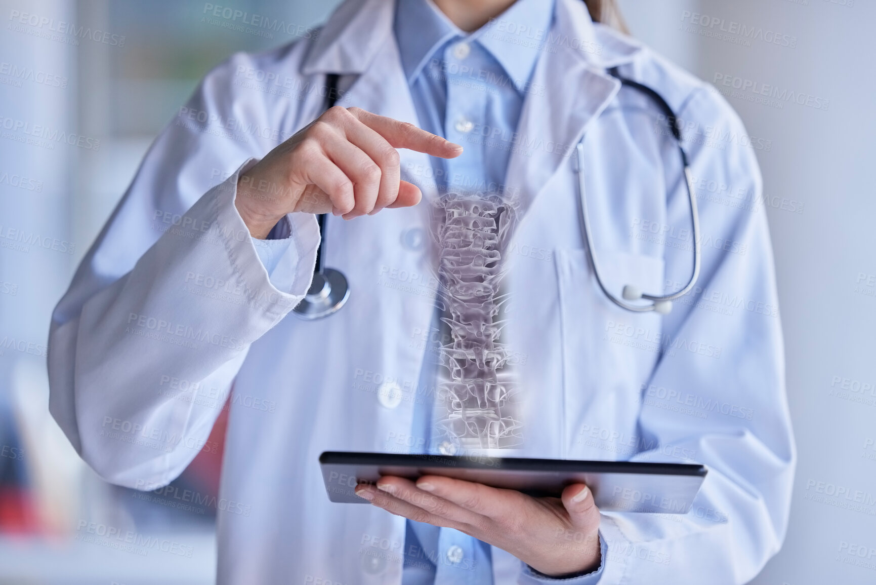 Buy stock photo Spine skeleton hologram, doctor and hands with tablet, 3D and futuristic, digital transformation and woman in clinic.
Metaverse, future technology in orthopedic healthcare and innovation with anatomy