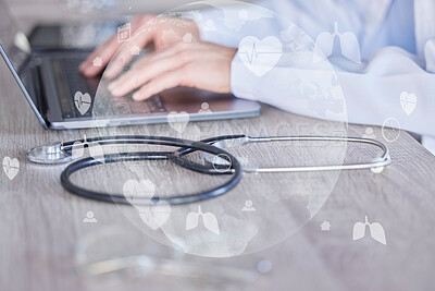 Buy stock photo Doctor, hands and laptop with stethoscope in double exposure or global healthcare research at office desk. Hand of medical expert on computer typing in online medicare search or networking on overlay