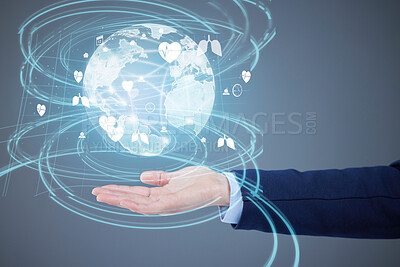 Buy stock photo Hands, 3D earth hologram and healthcare for global communication, networking or digital world. Hand with futuristic globe in medical innovation or transformation against a gray studio background