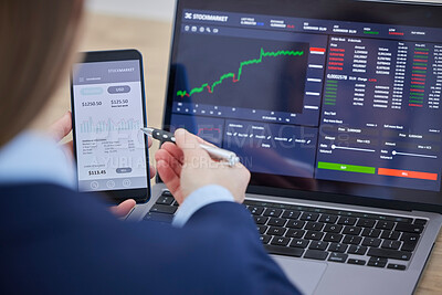 Buy stock photo Closeup, hands and finance with stock market, technology and planning for investments, review and profit growth. Zoom, female employee or investor with smartphone, laptop or charts for digital review