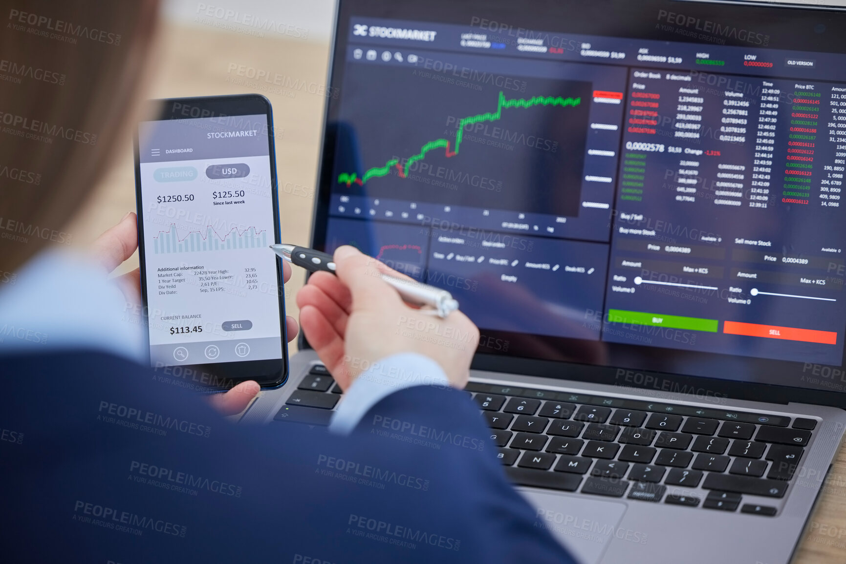 Buy stock photo Closeup, hands and finance with stock market, technology and planning for investments, review and profit growth. Zoom, female employee or investor with smartphone, laptop or charts for digital review