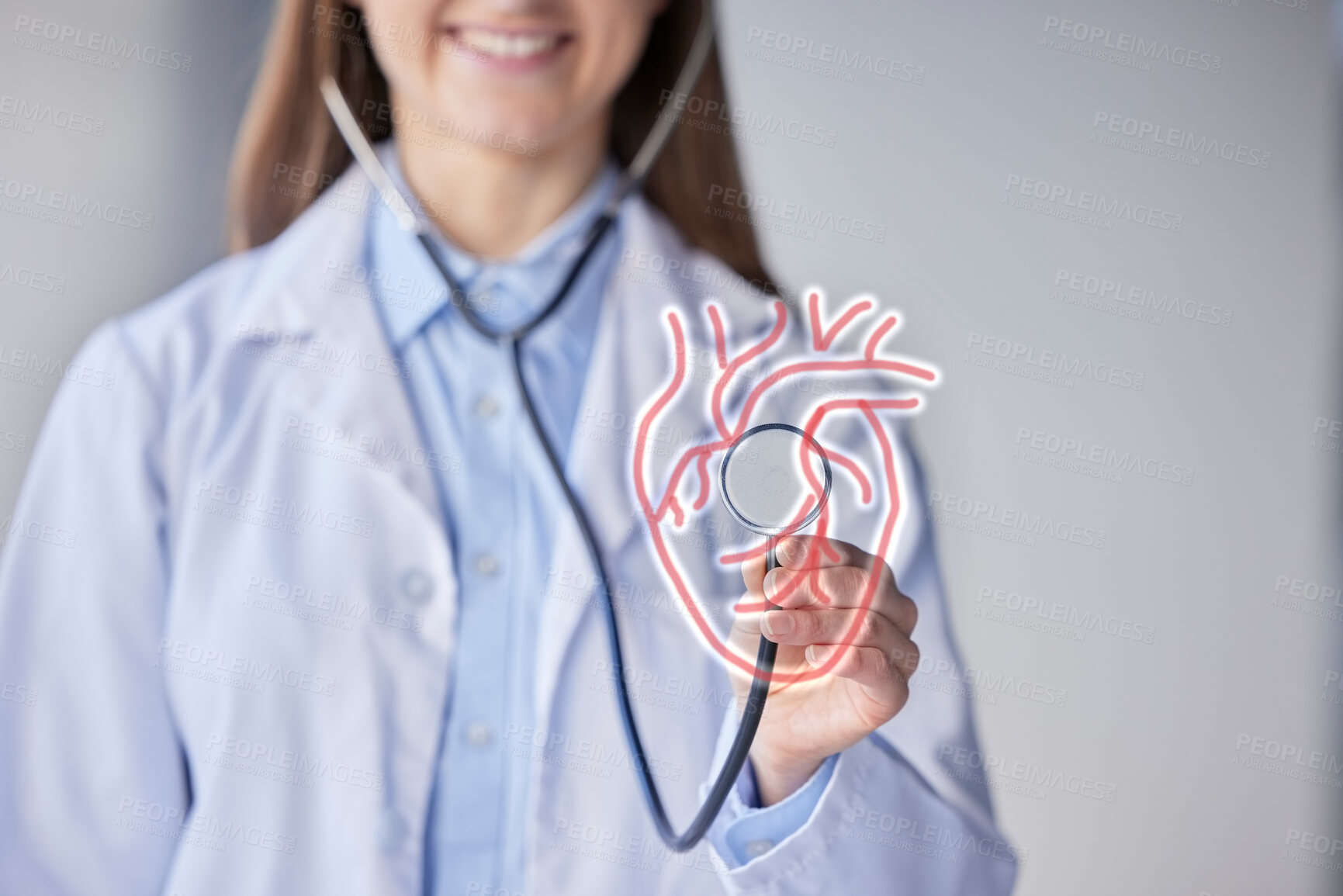 Buy stock photo Heart diagram, stethoscope and cardiology help of a woman doctor in a hospital with a smile. Health, wellness and medical about us work of a female healthcare worker and consulting employee at clinic