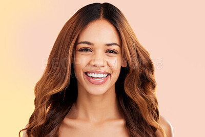 Buy stock photo Portrait, woman and hair care with smile, beauty and texture against a studio background. Face, female and lady with happiness, grooming and luxury with salon treatment, shine and glow for confidence