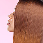 Beauty, hair and profile of black woman isolated in studio with pink background for salon advertising. Haircare, straightener and Brazilian hairstyle on model for luxury growth product promotion.