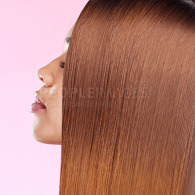 Buy stock photo Beauty, hair and profile of black woman isolated in studio with pink background for salon advertising. Haircare, straightener and Brazilian hairstyle on model for luxury growth product promotion.