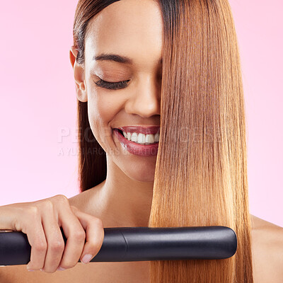 Buy stock photo Happy, woman and hair straightener for beauty, salon treatment and girl on studio background. Female, lady and tool for cosmetics, texture and volume with grooming, shine and glow with smile and spa