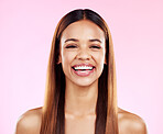 Portrait, hair and happy with a model black woman smiling in studio on a pink background for beauty. Face, haircare and keratin with an attractive young female in the salon for a shampoo treatment