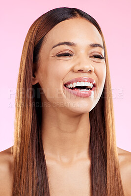 Buy stock photo Beauty cosmetics, hair and woman with a smile in studio for salon, hairdresser or shine. Skincare glow or hairstyle of aesthetic model person on a pink background laughing with self care skin bliss