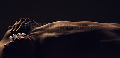 Buy stock photo Stomach, woman and breast silhouette dark background of skin, body and model with glow, light and art on black. Hands of aesthetic person in studio for abstract, creativity and shadow or space