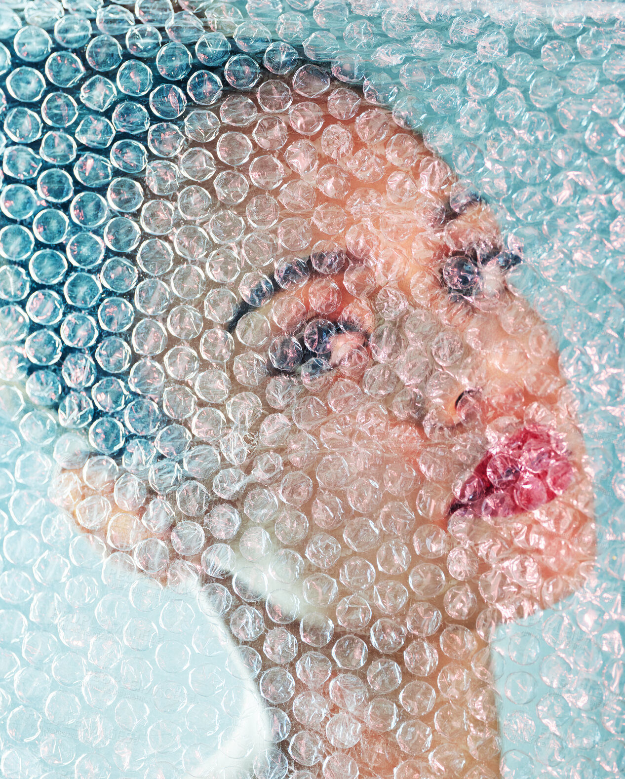 Buy stock photo Beauty, bubble wrap and makeup with portrait of black woman for package, creative and cosmetics. Plastic, confidence and glow with girl model and red lipstick for facial, art and glow in studio