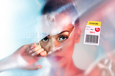 Buy stock photo Plastic, tearing and beauty with portrait of woman and sale for creative, deal and package with price tag. Cosmetics, makeup and glow with girl model and break cover for aesthetic, product and art