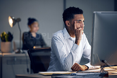 Buy stock photo Computer, night or business man thinking of financial crypto plan, bitcoin mining data or NFT investment. Fintech system, forex trading platform and contemplating broker focus on problem solving idea