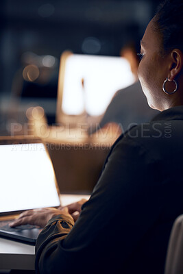 Buy stock photo Laptop typing, night and business woman review article for media app, website database or social network mockup. Copywriting mock up, online blog editor and back of journalist editing fake news post