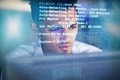 Buy stock photo Computer hologram, night and man programming software server overlay or future cybersecurity system. Face reading virtual script, database programmer and developer problem solving cyber security code