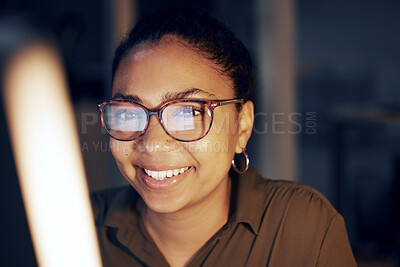 Buy stock photo Computer night, face portrait and black woman review article for media app, website database or social network feedback. Brand copywriting, online blog editor and happy journalist editing news post