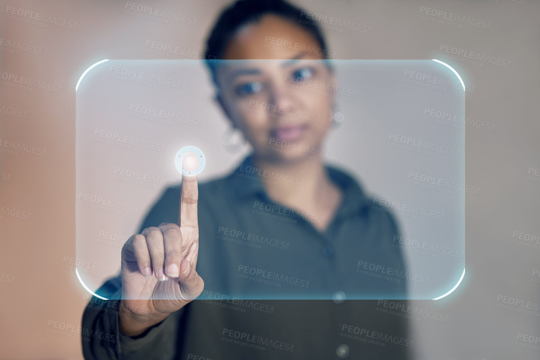 Buy stock photo Futuristic, hologram and black woman with finger on button in future technology and digital overlay virtual reality. Hands, biometric security system and innovation in ux design, touch screen mockup.