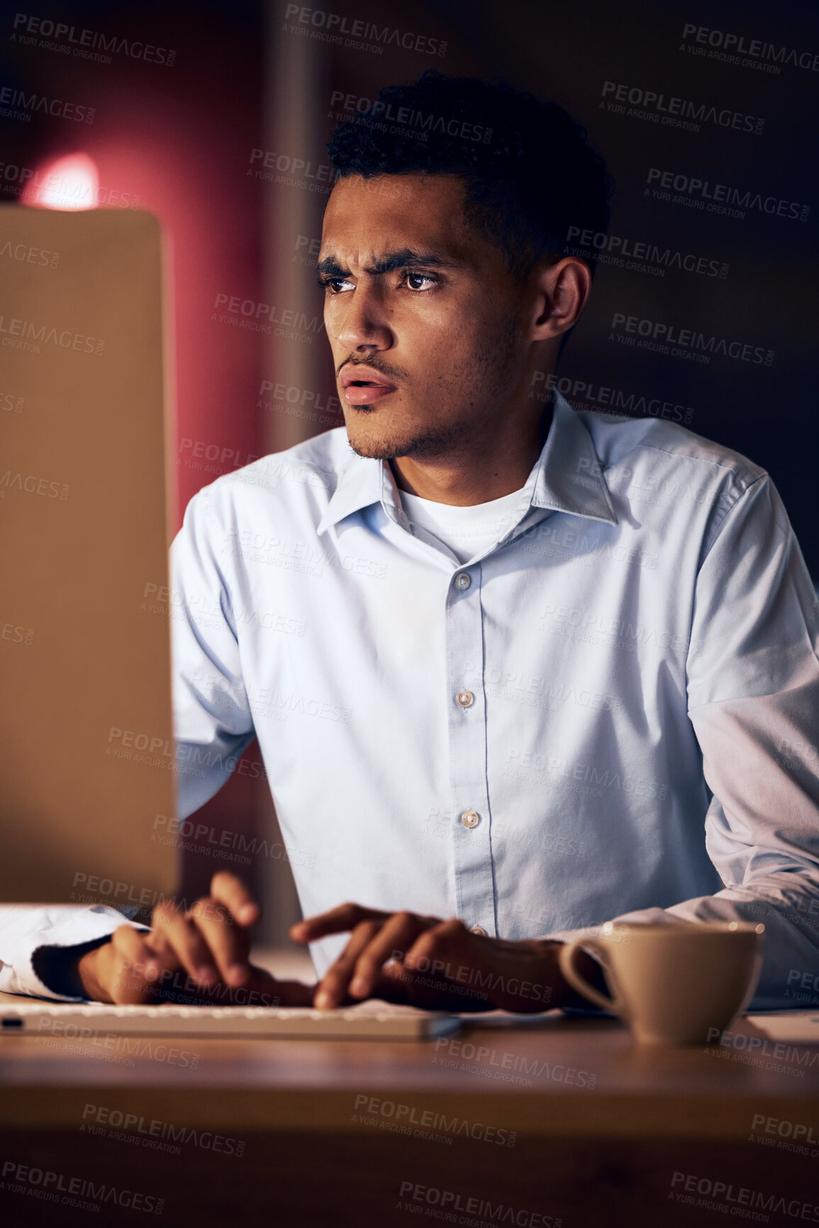 Buy stock photo Computer problem, night office or man with financial crypto crisis, bitcoin stock market crash or NFT investment mistake. Economy fail, 404 fintech website or person stress over forex database glitch