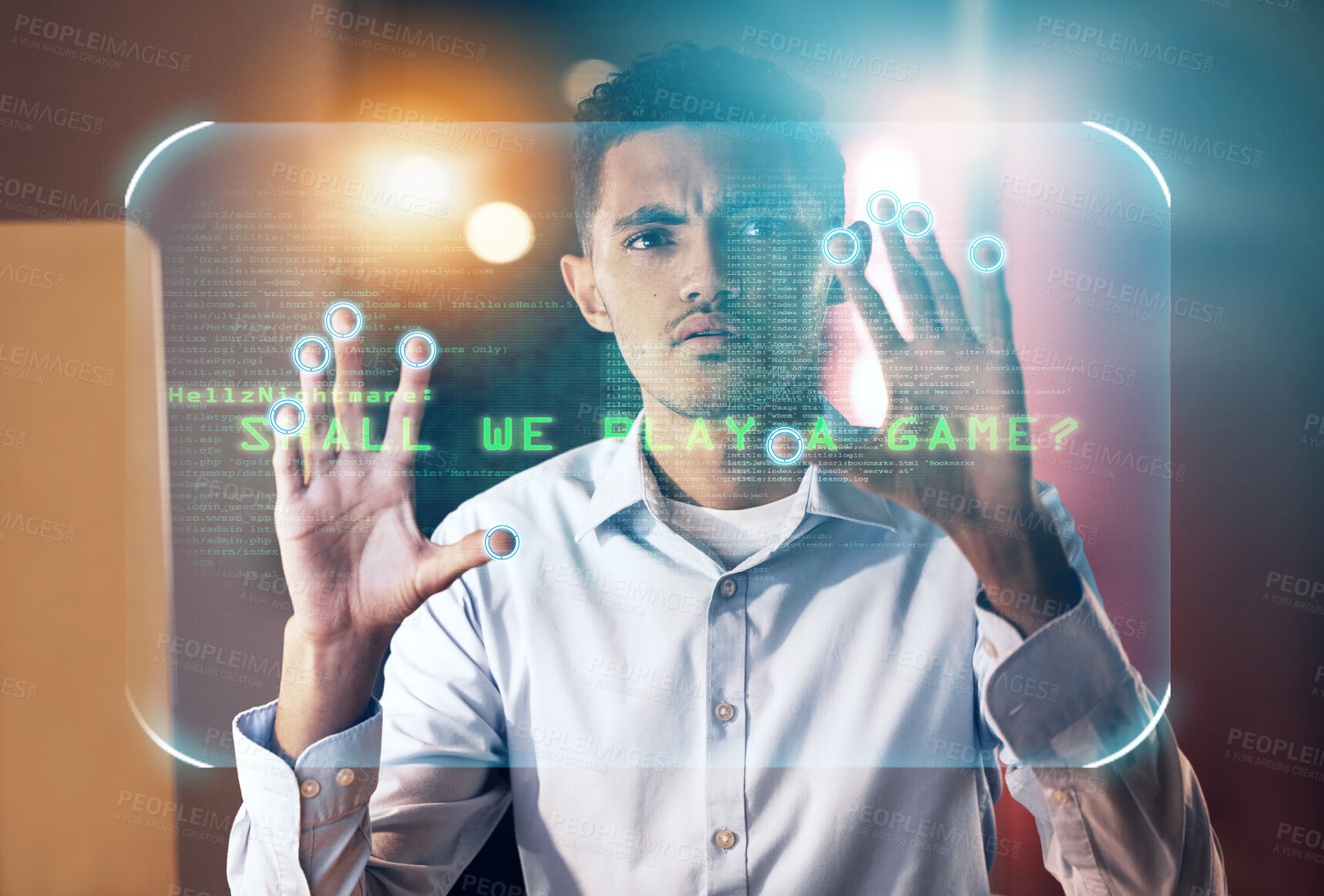 Buy stock photo Futuristic, hologram and touch screen, man in future technology and digital overlay on data in virtual reality. Hands on biometric cyber security business, innovation and ux design user in vr office.