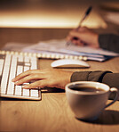 Computer keyboard, hands or office woman writing online summary, notebook report or customer experience insight. Brand monitoring research, social media data analysis or night worker review analytics