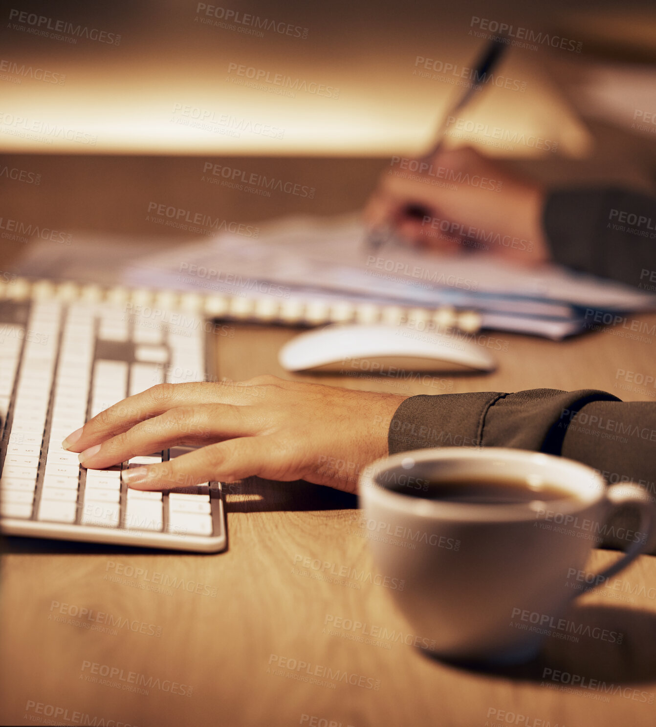 Buy stock photo Computer keyboard, hands or office woman writing online summary, notebook report or customer experience insight. Brand monitoring research, social media data analysis or night person review analytics