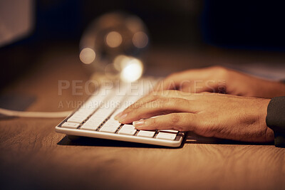 Buy stock photo Computer keyboard, hands and night woman typing online data analysis, feedback report or customer experience insight. Brand monitoring software, social media research and worker review web analytics