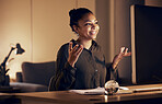 Computer video call, night or woman explain idea, proposal or plan on online conference with investment contact. Networking, conversation or business person talking, speaking or discussion on webinar