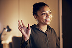 Video call communication, computer and night woman wave hello on online conference with business investment contact. Networking, conversation and person talking, speaking and discussion on webinar