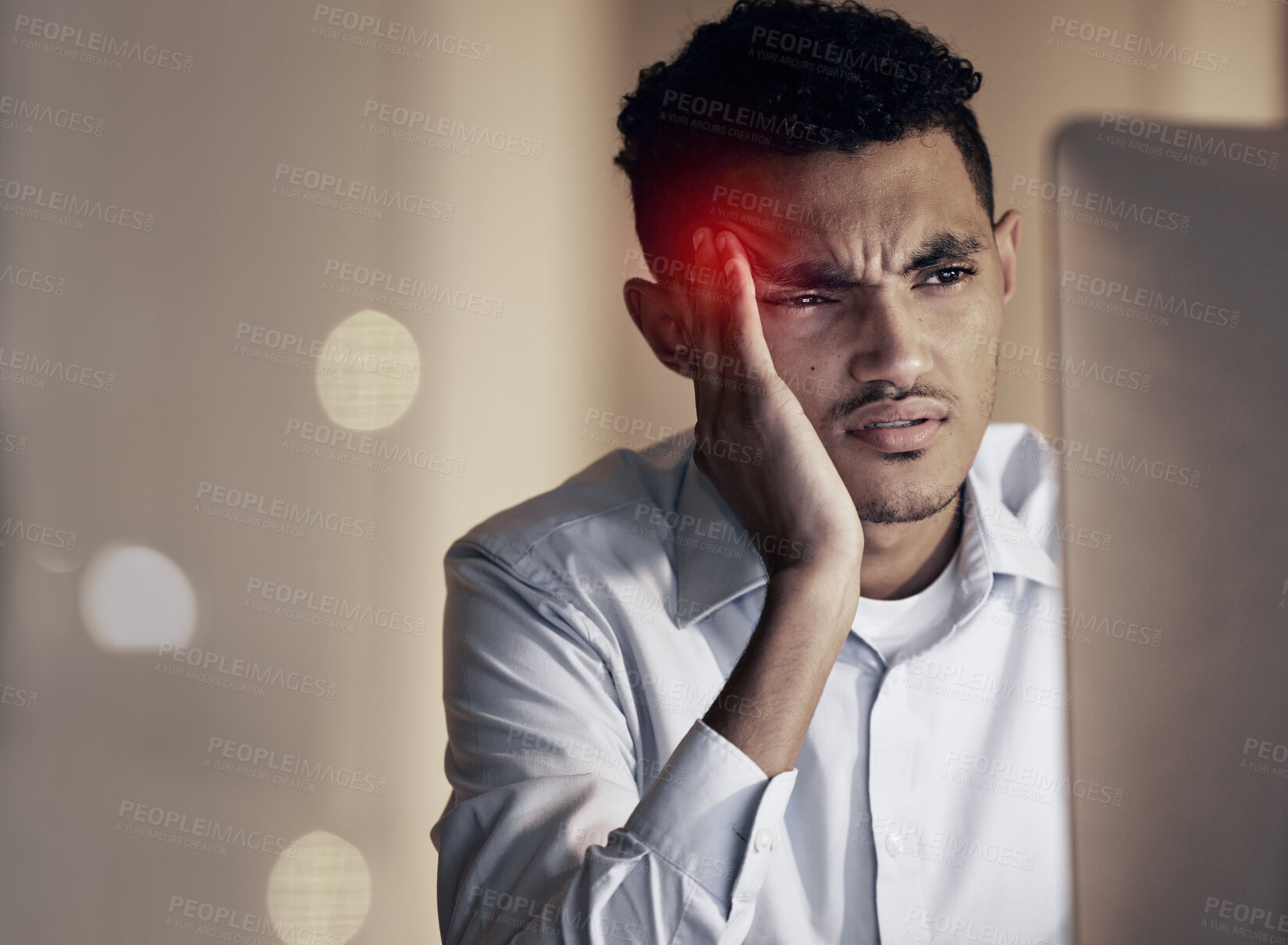 Buy stock photo Headache. stress and business man reading computer data with anxiety and migraine. Red head hurt overlay, confused and businessman with bokeh and mockup feeling pain from finance audit work burnout