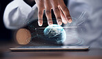 Tablet hologram, global network or man hands with world analysis of digital earth communication or worldwide networking. Future night, holographic planet ui or media network employee working overtime