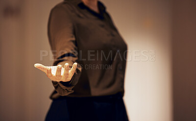Buy stock photo Business, product placement and hand of woman at night for 3d design, futuristic model or ai mockup. Copy space, corporate office and open palm of girl for giving, presenting or show technology ui