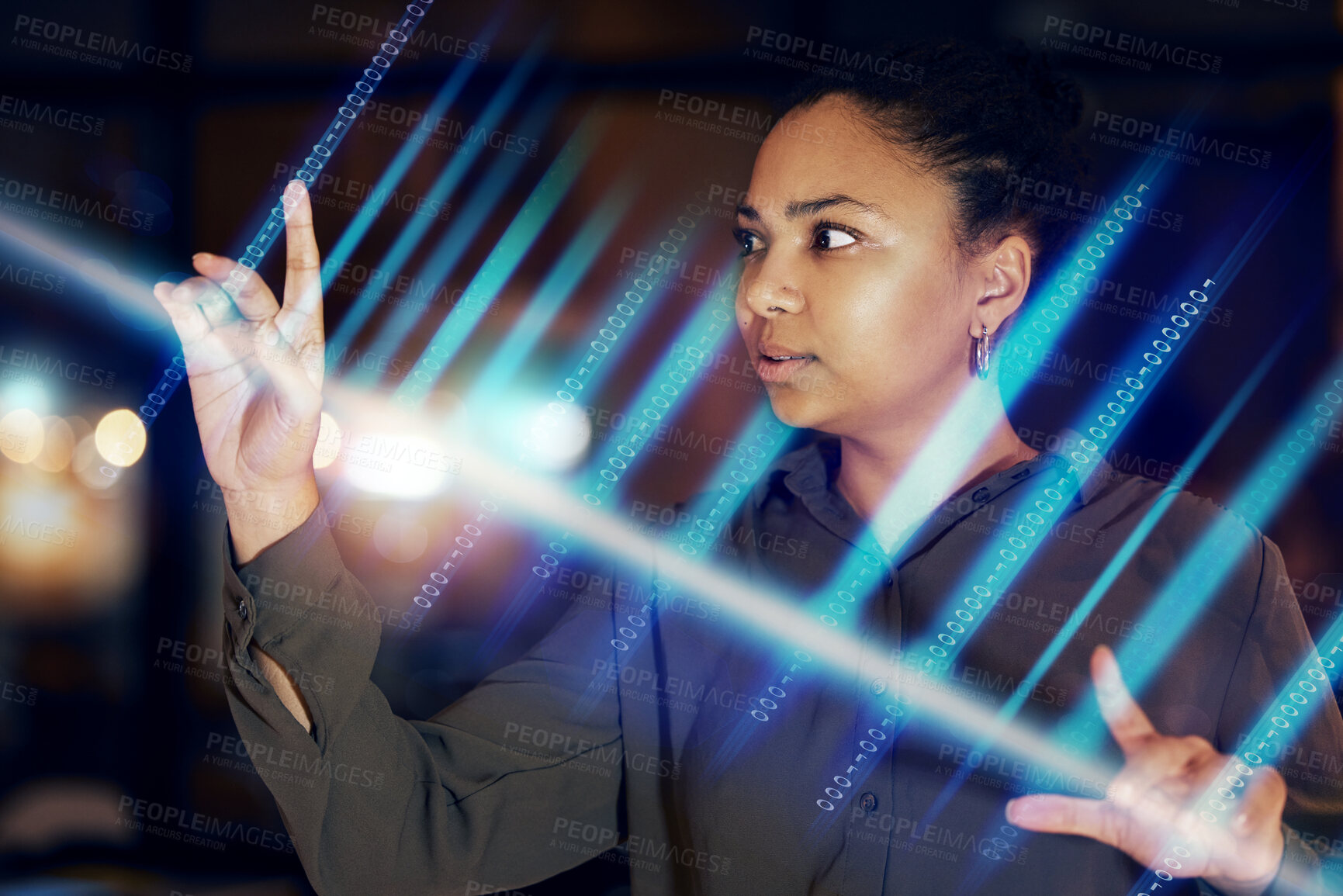 Buy stock photo Black woman, hands and digital hologram at night for future technology or cyberspace at office. African American female touching virtual, futuristic or holographic 3D dashboard working late in tech