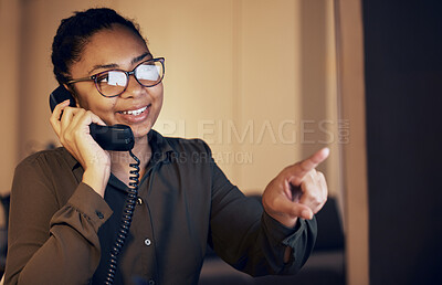 Buy stock photo Telephone, night and business woman on desktop monitor for technical support, global information or online career. Professional black person on computer, phone call discussion and work from home help