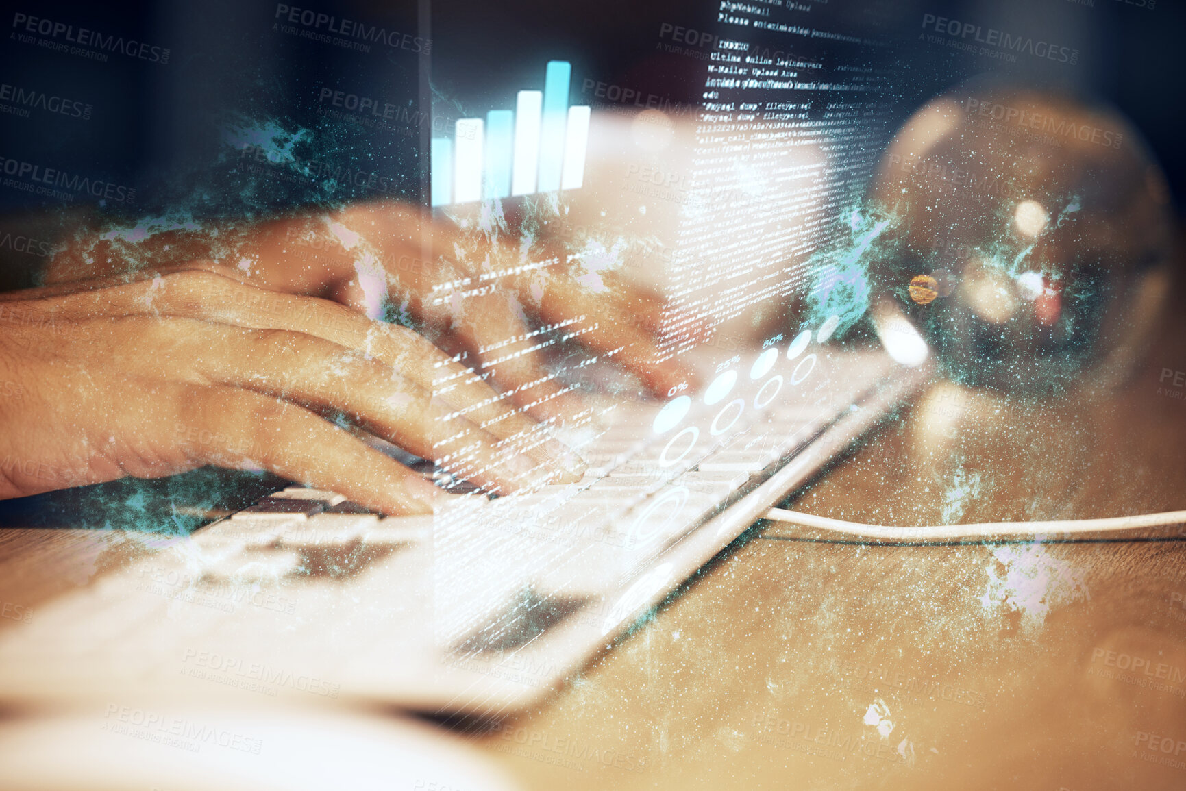 Buy stock photo Hologram data, computer keyboard hands and woman typing fintech insight, business administration statistics or accounting. Financial analyst, future night overlay and accountant review chart graphs