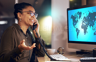 Buy stock photo Black woman, computer and call center with telephone for global communication at night by office desk. African American female consultant or agent working late in conversation on phone with PC screen