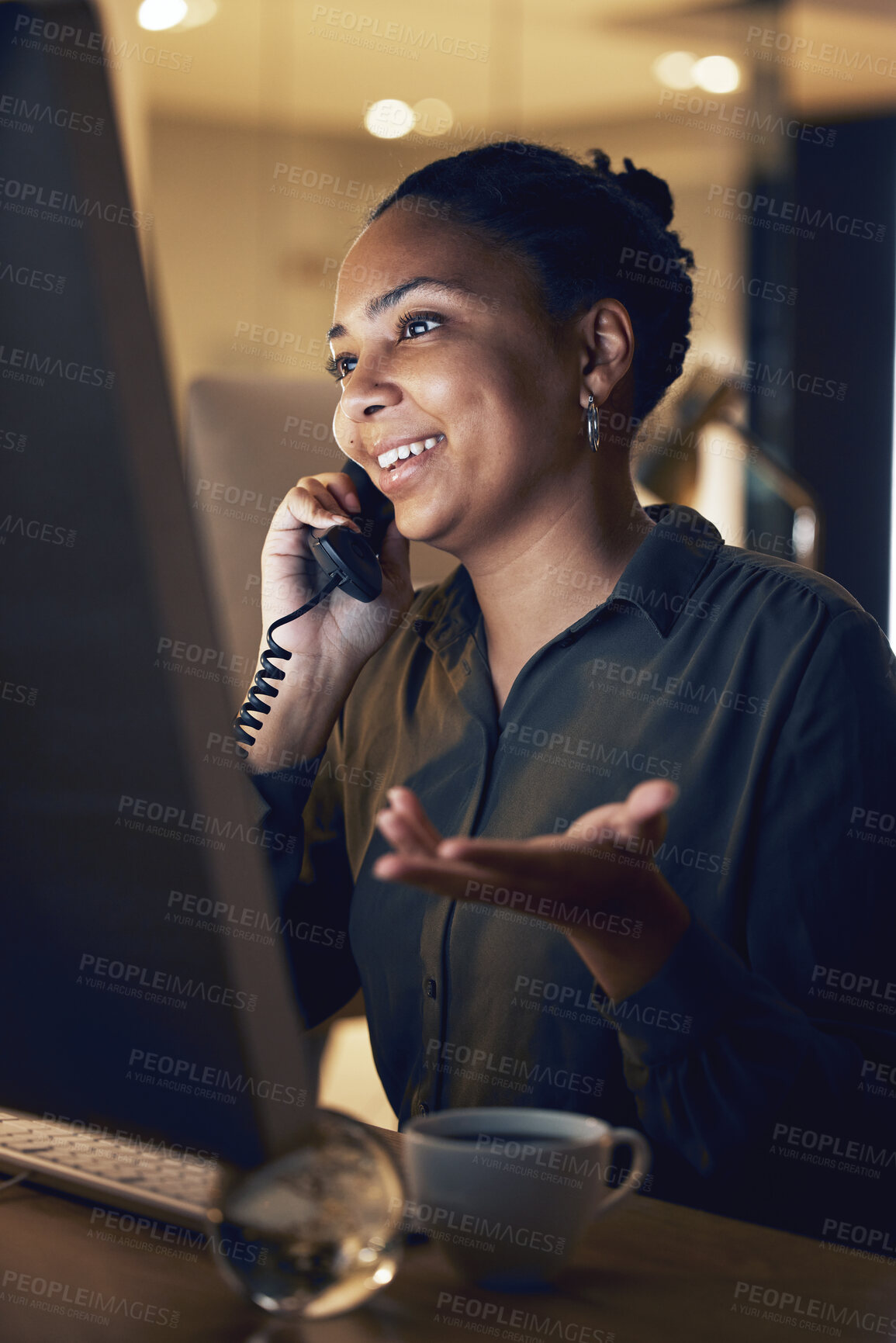 Buy stock photo Overtime, night and businesswoman telephone call in an office working late evening in communication at the workplace. Young, computer and professional corporate employee or worker talking