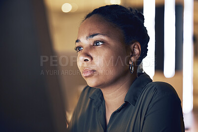 Buy stock photo Computer reading, night face and black woman concentration on article review for online media, website or social network feedback. Brand copywriting, blog editor focus or journalist editing news post