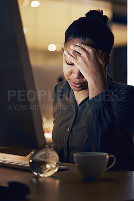 Buy stock photo Computer, night headache and black woman tired after overtime bookkeeping, accounting or data analysis. Mental health stress, 404 spreadsheet glitch and agent with depression, pain or burnout problem