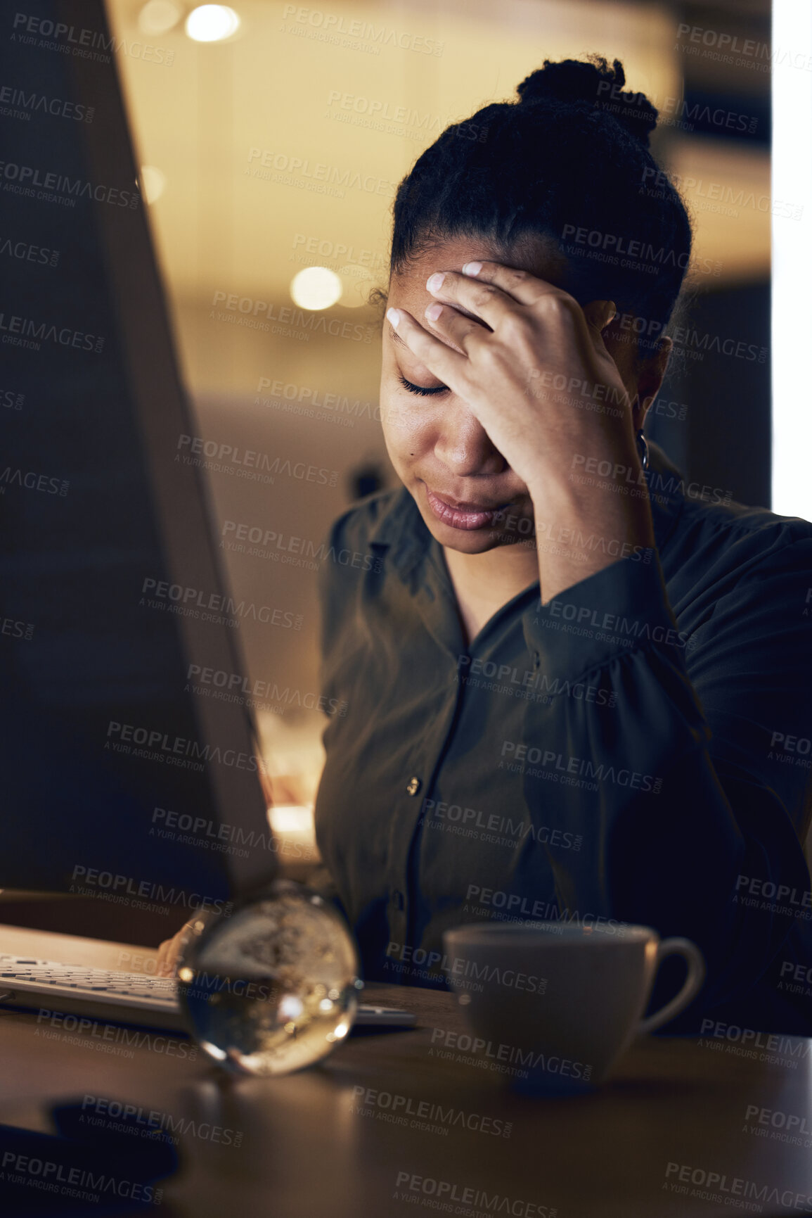 Buy stock photo Computer, night headache and black woman tired after overtime bookkeeping, accounting or data analysis. Mental health stress, 404 spreadsheet glitch and agent with depression, pain or burnout problem